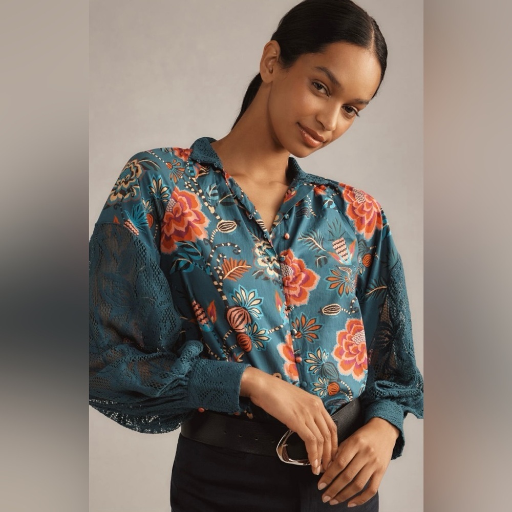 FARM Rio Teal Floral Button-Down Shirt with Lace Sleeves